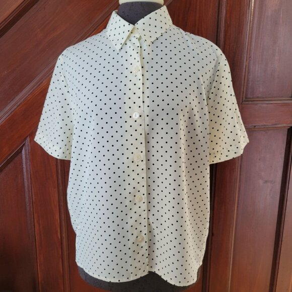 Sag Harbor Petite Polka Dot Short Sleeve Button-Up Blouse Cream & Black Womens S - Picture 1 of 5